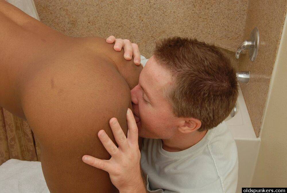 Ebony cougar Cat having older black woman pussy attended to by white boy - #15