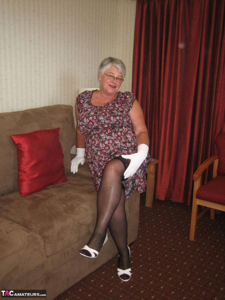 Silver haired nan Girdle Goddess bares her big tits and twat in white gloves - #5