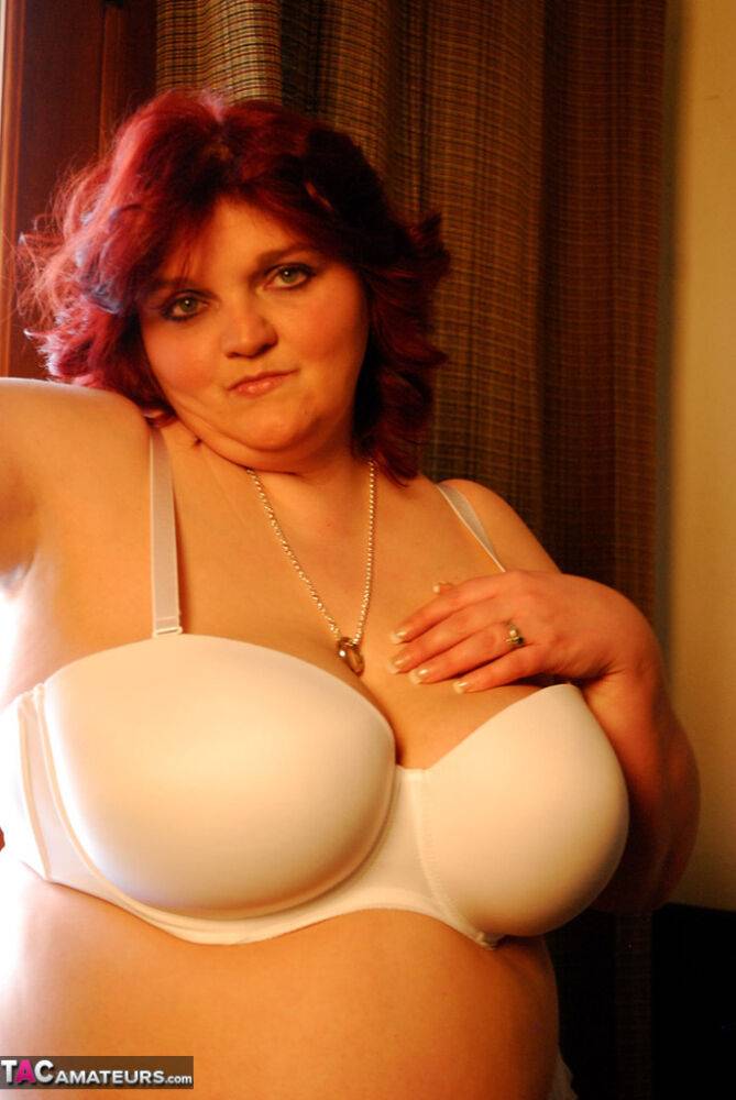 Obese redhead Black Widow AK plays with her giant breasts in white underwear - #11