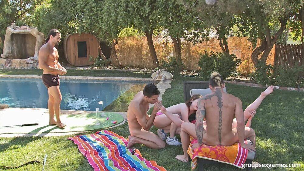 Skinny dipping sluts get spit roasted in raunchy hardcore poolside orgy - #5