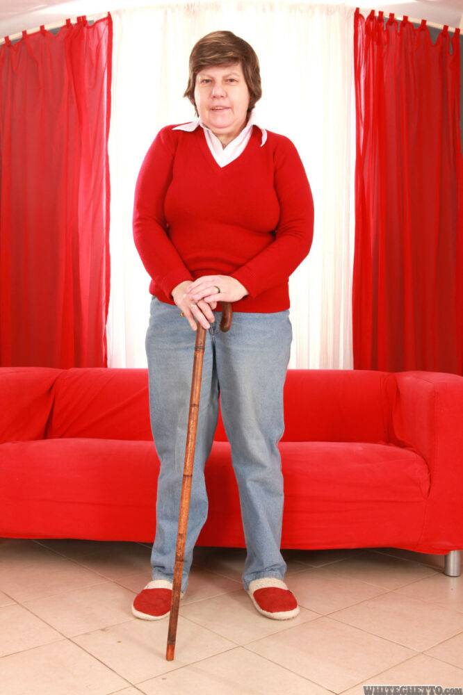 Old granny Miluska peels jeans to pose with cane in her underwear and slippers - #8