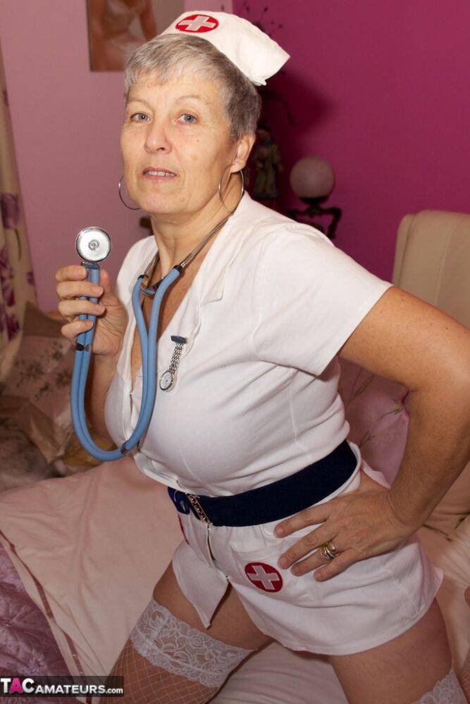 Mature nurse Savana takes off her uniform and lingerie in white stockings - #5