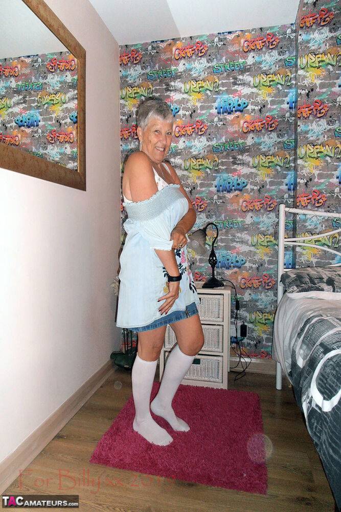 Silver haired granny Savana strips down to white knee socks in her bedroom - #3