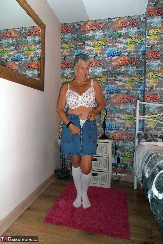 Silver haired granny Savana strips down to white knee socks in her bedroom - #5