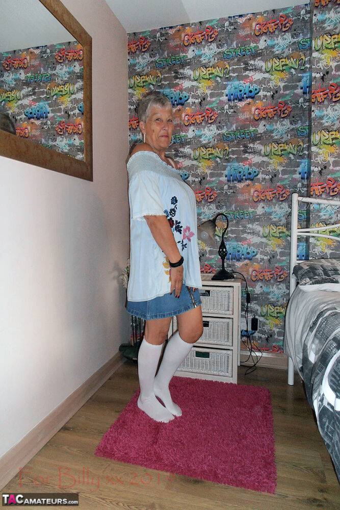 Silver haired granny Savana strips down to white knee socks in her bedroom - #16