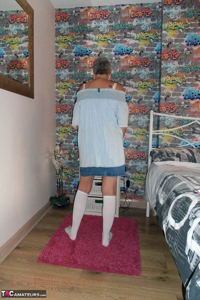 Silver haired granny Savana strips down to white knee socks in her bedroom - #15