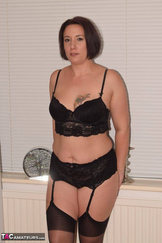 Older woman in three piece black lingerie and nylons exposes her small boobs - #2