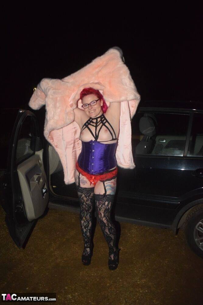 Amateur chick with dyed hair steps out of a vehicle to flash in lingerie - #13