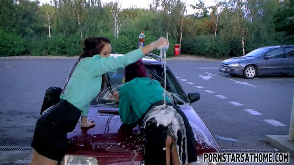 Glamorous ladies have some wet fully clothed car wash fun outdoor - #14