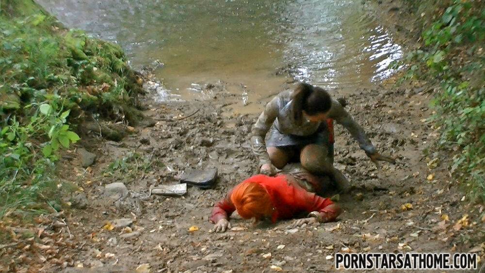 Kinky fetish ladies make some wet and messy fully clothed action outdoor - #1