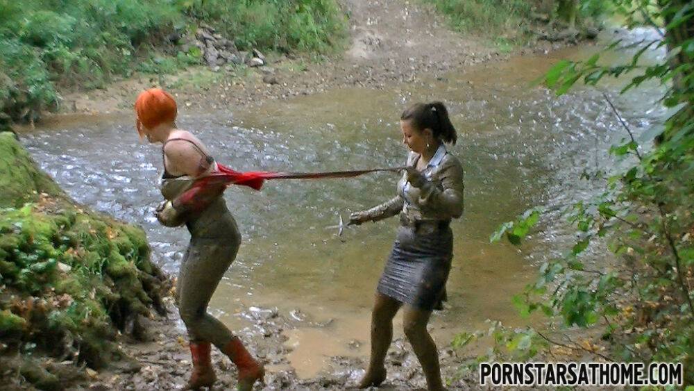 Kinky fetish ladies make some wet and messy fully clothed action outdoor - #8