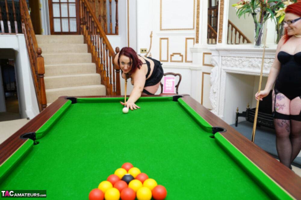 Amateur chicks get ready for their first lesbian kiss on a pool table - #9