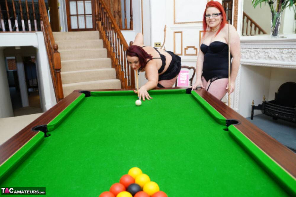 Amateur chicks get ready for their first lesbian kiss on a pool table - #2