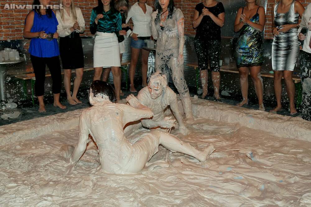 Stunning fetish ladies have some fully clothed mud wrestling fun - #14