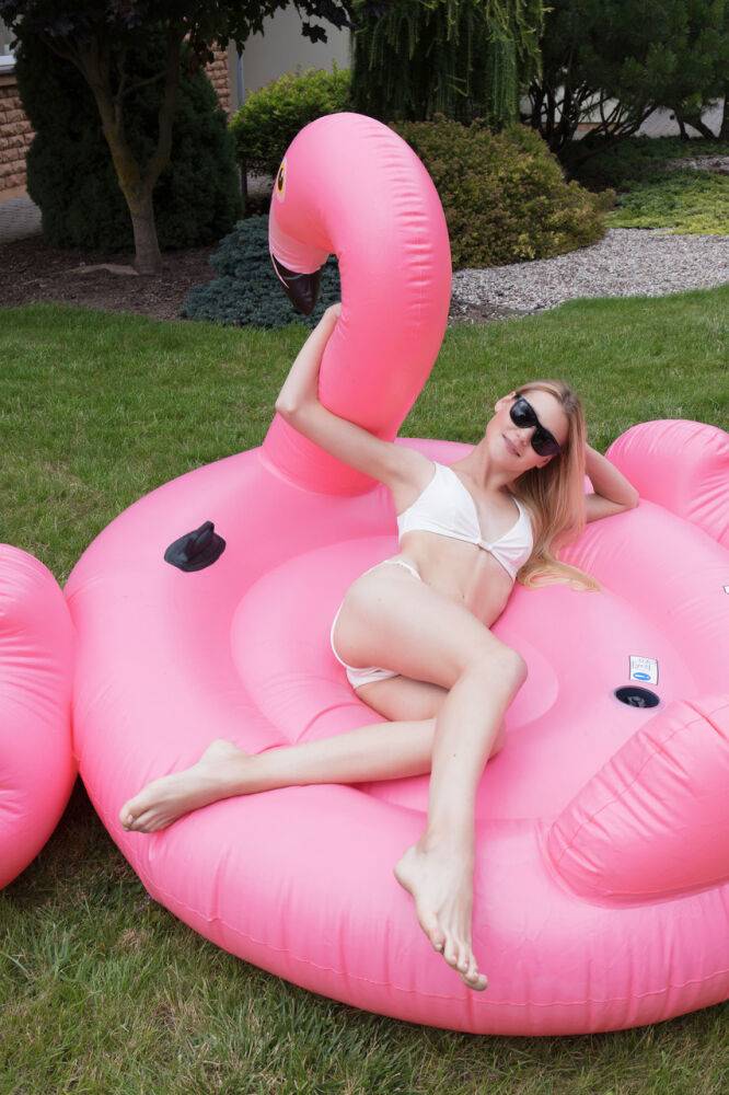 Glamorous teen babe Celestine posing naked in a flamingo floaty - #1