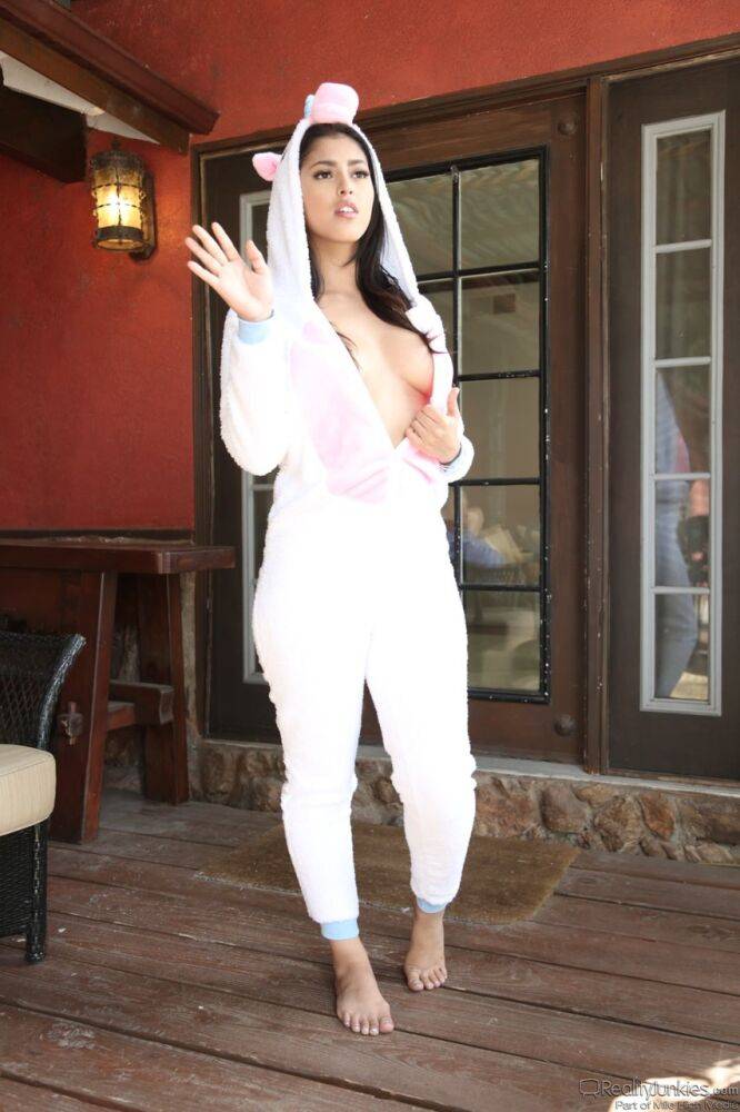 Super dark haired babe Sophia Leone posing in bunny suit before hardcore sex - #4