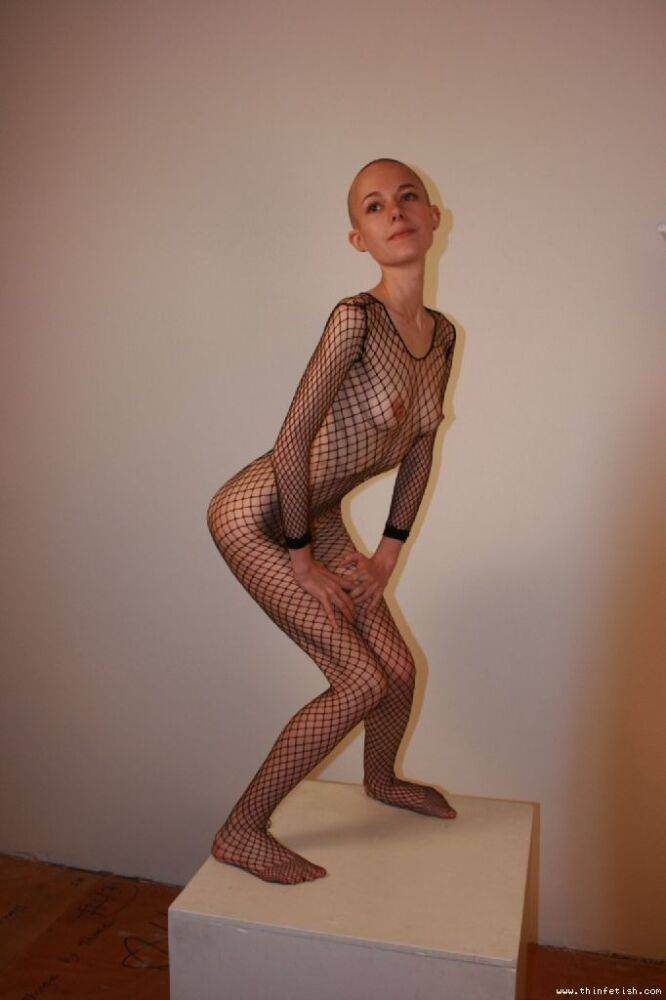 Solo model with a shaved head poses in a fishnet bodystocking - #9