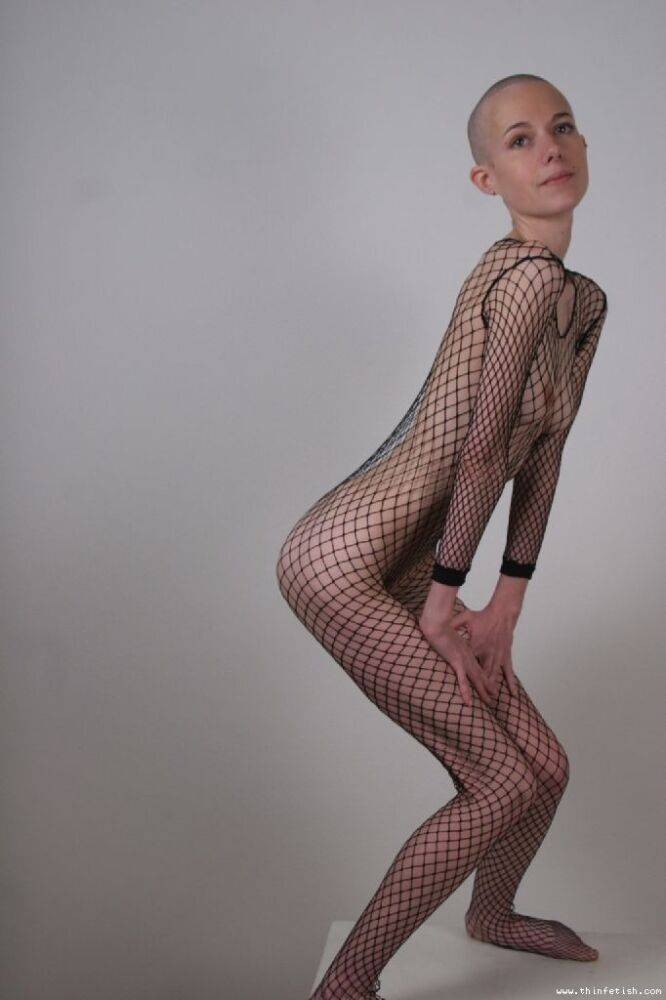 Solo model with a shaved head poses in a fishnet bodystocking - #16