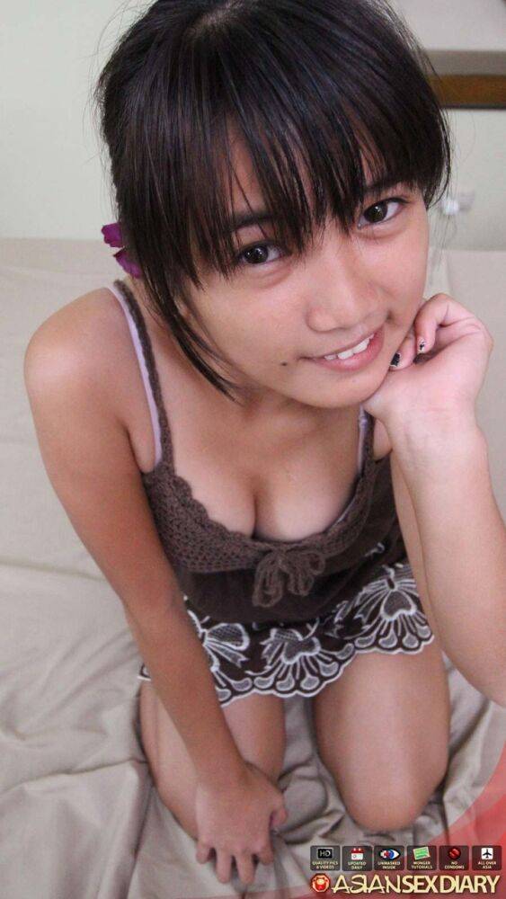 Tiny Asian teen with big eyes gets naked to give a POV blowjob & twat closeup - #7