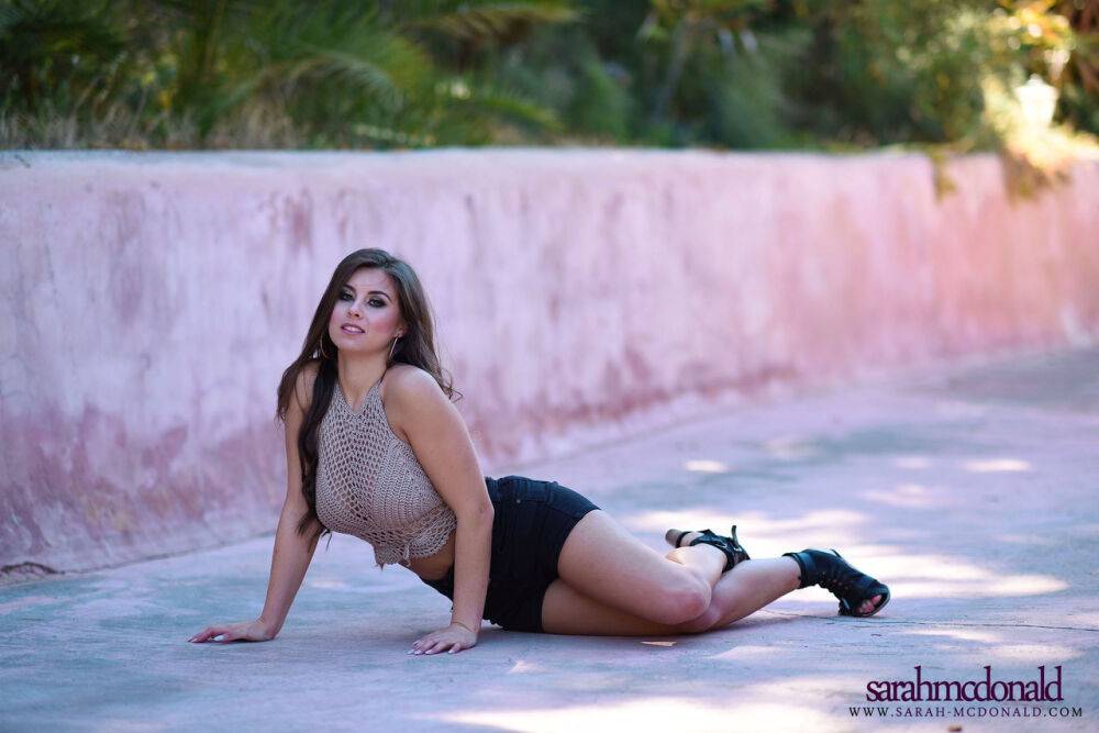 Glamorous shorts clad Sarah Mcdonald bares her big tatas in the tropical sun - #11