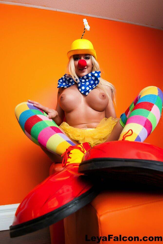 Hot cosplay MILF Leya Falcon in clown costume fondling her huge big tits - #11