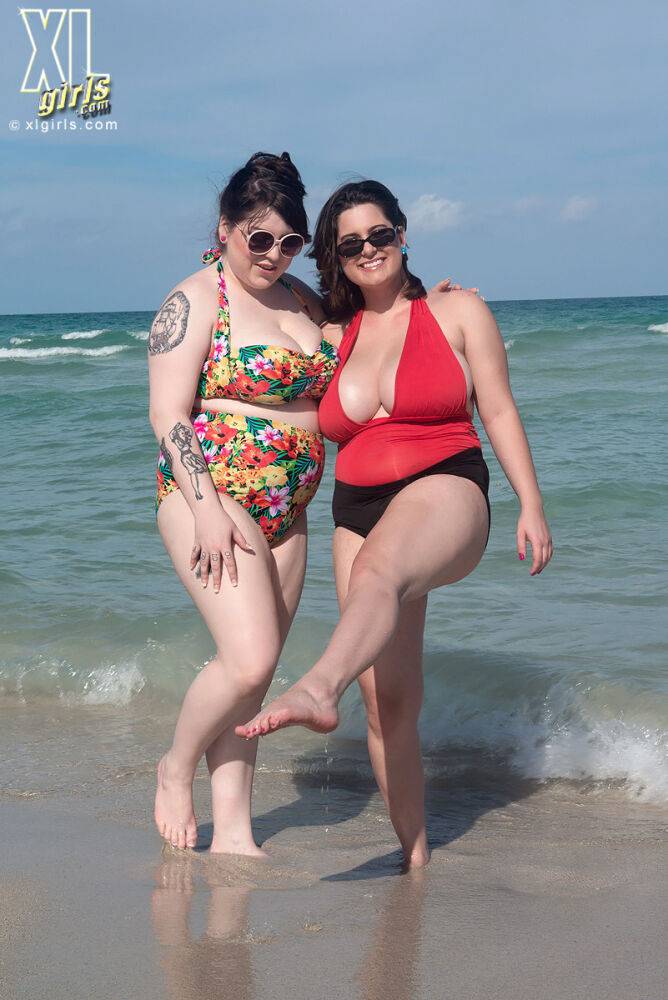 Mature BBW besties take out their massive big tits to play at the beach - #3