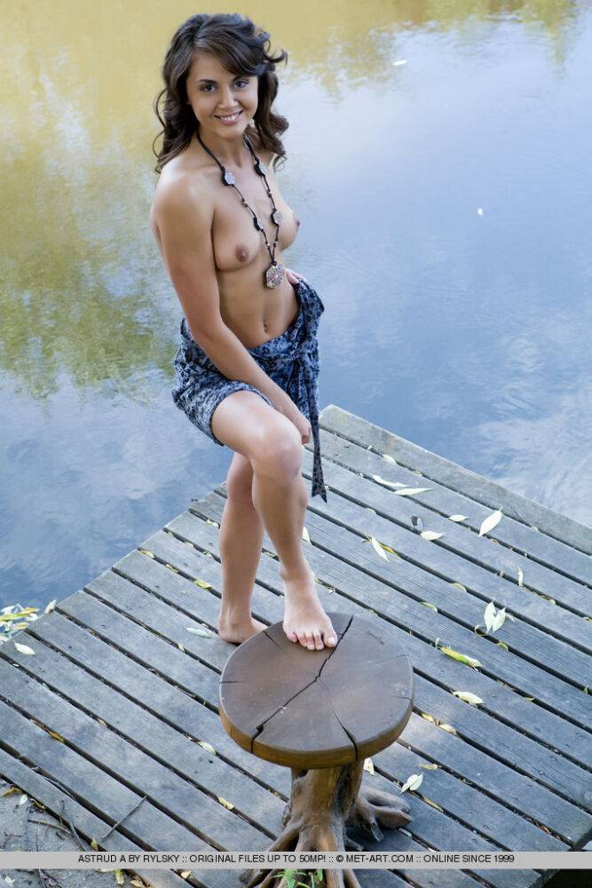 Cute tee Astrud A on dock spreading to display hairy pussy in bare feet - #1