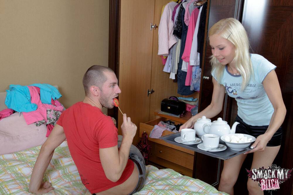 Young looking blonde serves tea before painful anal sex takes place - #14