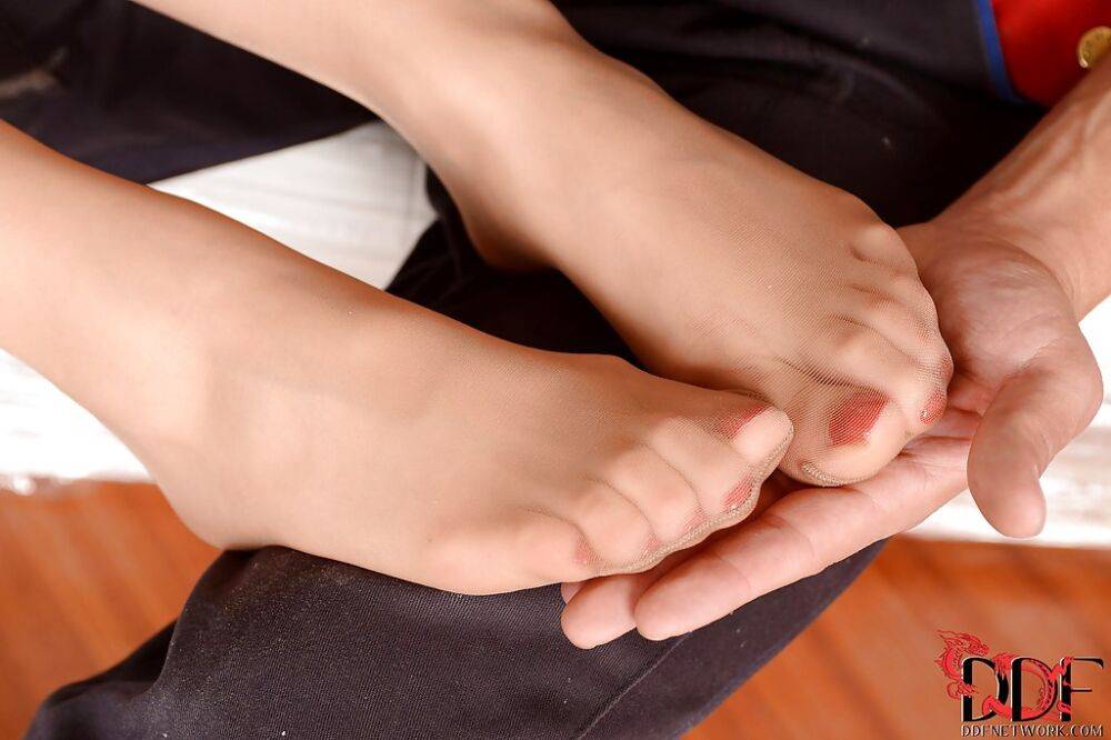 Ingenious foot fetish actress Mira Sunset touches dick with her toes - #8