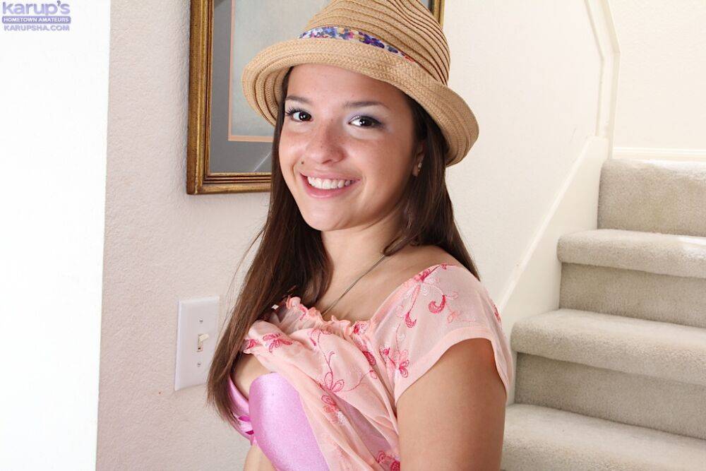 Smiley brunette cutie undressing and spreading her lower lips in close up - #4