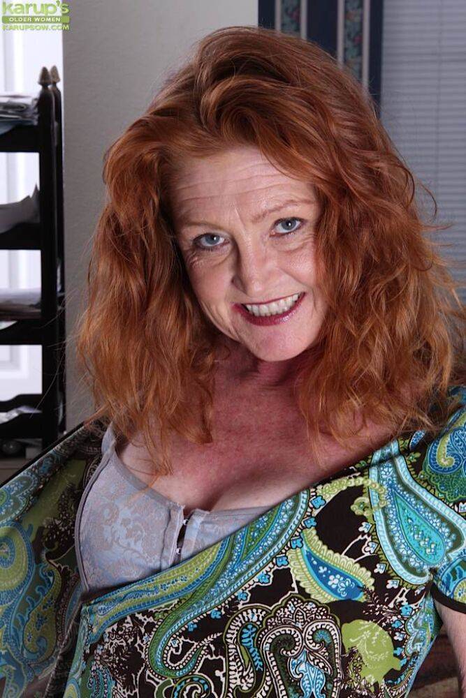 Old redhead Veronica Smith strips to tan stockings prior to masturbating - #13