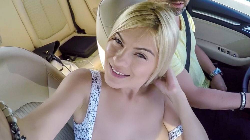 Blonde girl Jasmine Rouge rubs her pussy in a car before jerking a cock - #3