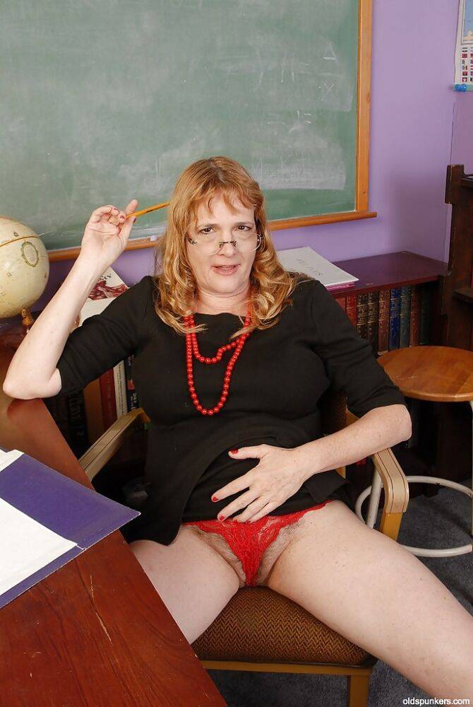 Fat old teacher Erica is lying on the table with spread legs! - #7