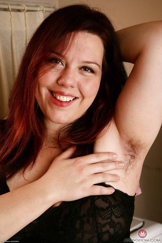 Pantyhose adorned plumper showing off hairy armpits and beaver - #2