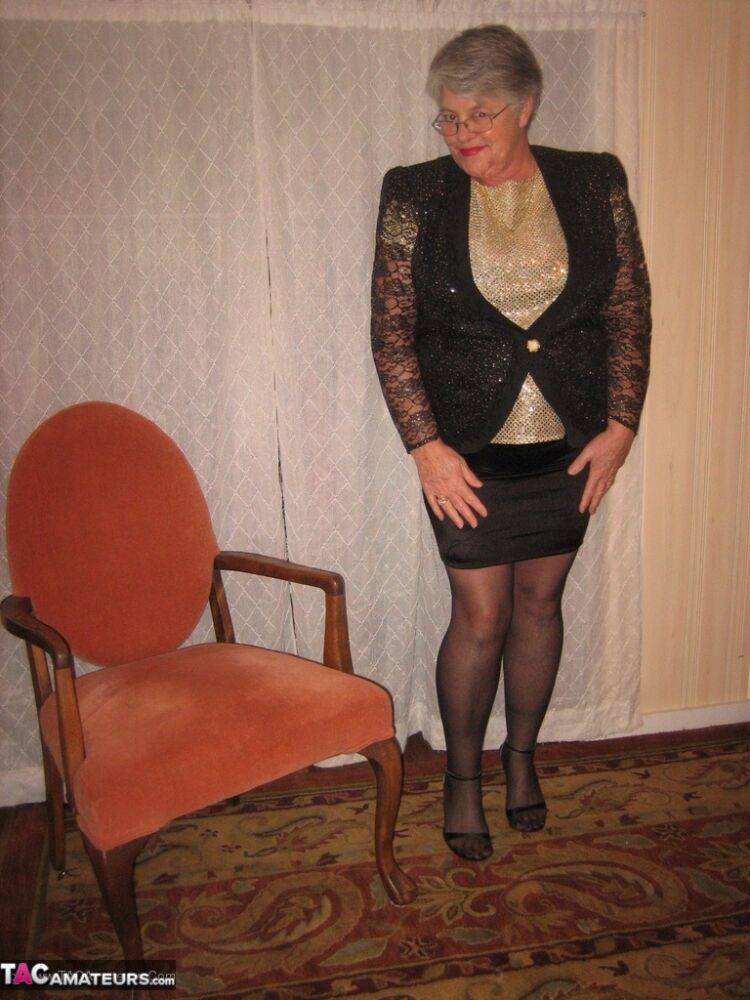 Old woman Girdle Goddess strips down to her hosiery before masturbating - #3