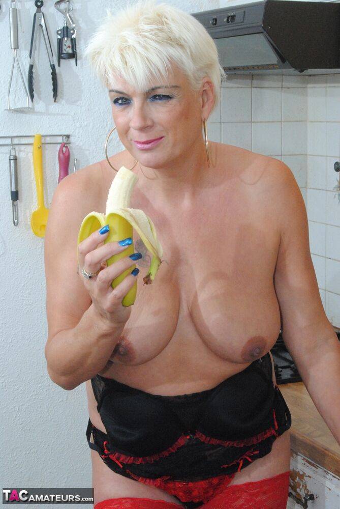 Mature platinum blonde Dimonty masturbates with a banana and a cucumber - #14