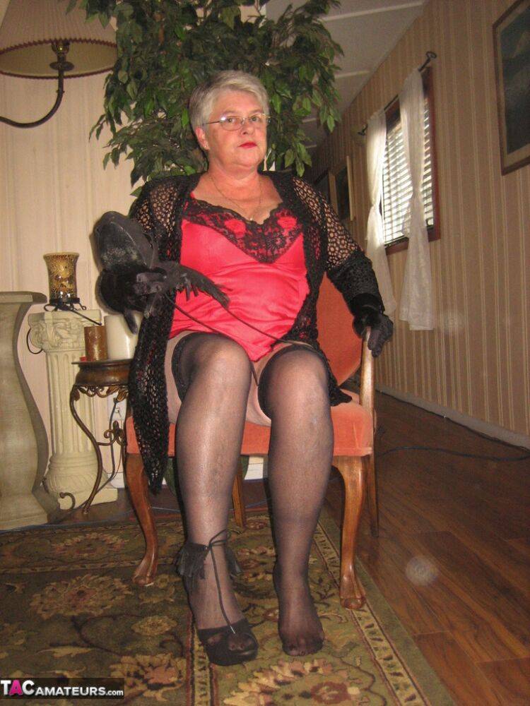 Old lady Girdle Goddess casts off lingerie to pose nude in hosiery and gloves - #4