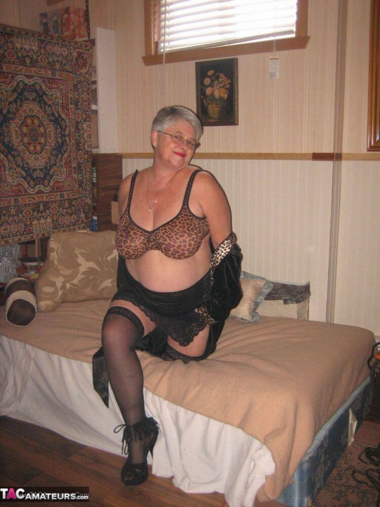 Silver haired granny Girdle Goddess masturbates on her bed in stockings - #2