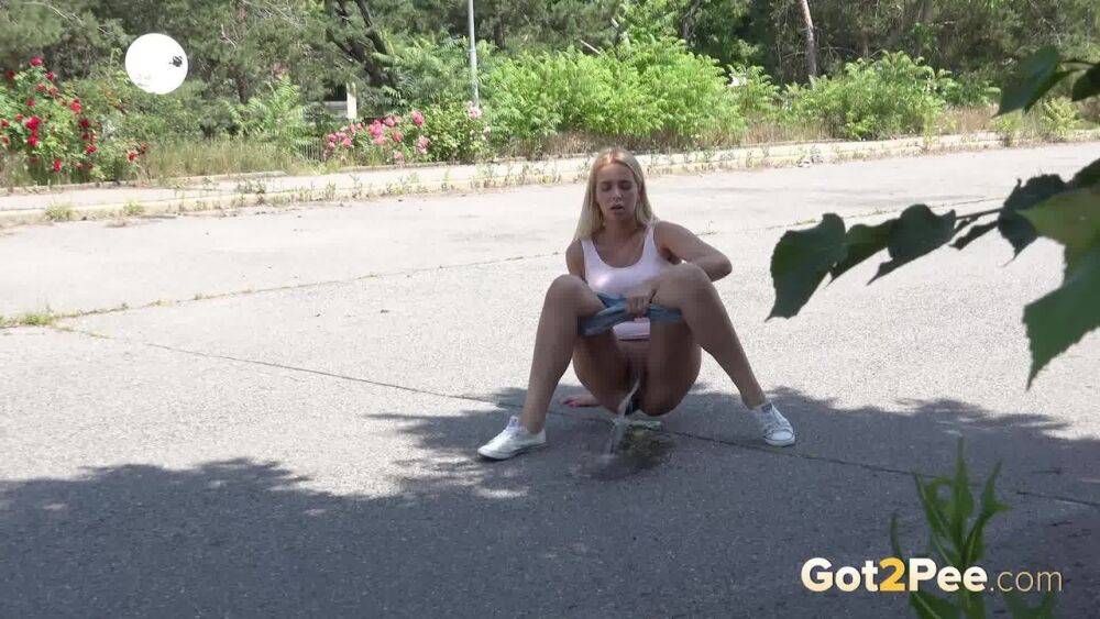 Blonde female Nikki Dream can't hold her pee any longer and squats on roadway - #1