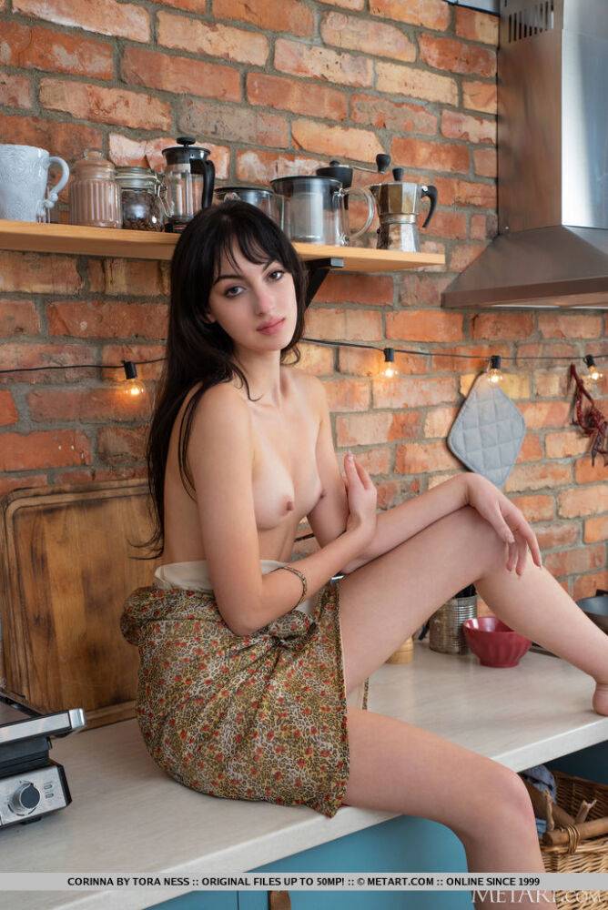 Dark haired teen Corinna poses in the nude on a kitchen island - #4