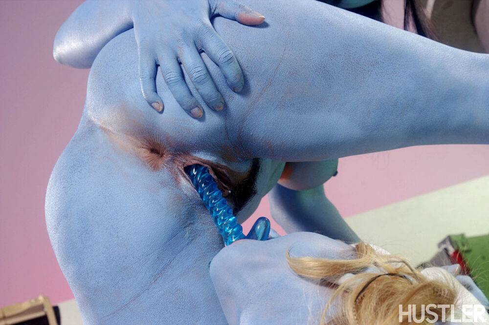 Sexy blue cosplay girls toying their pussies while dressed as Smurfs - #1