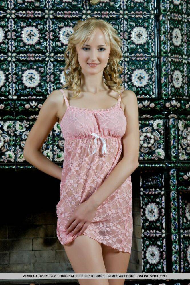 Young blonde girl Zemira A slowly lets her dress fall away to pose naked - #6