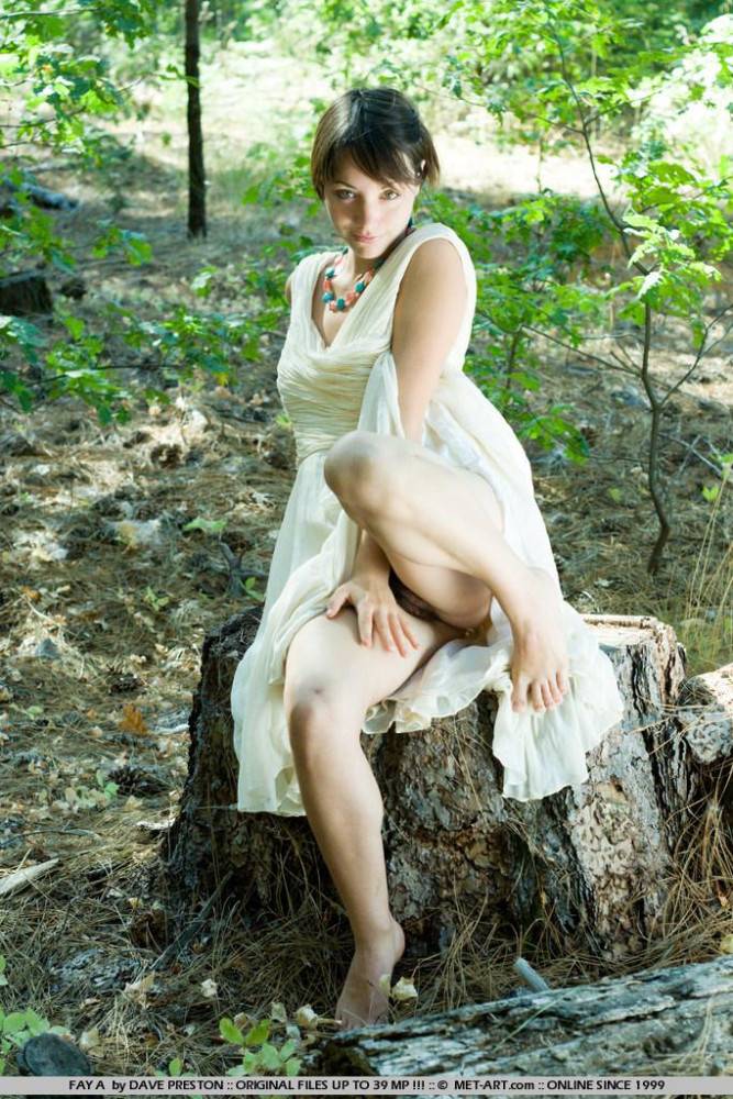 Alluring Hairy Girl Fay A In White Dress Shows Off Her Beaver In The Forest - #10