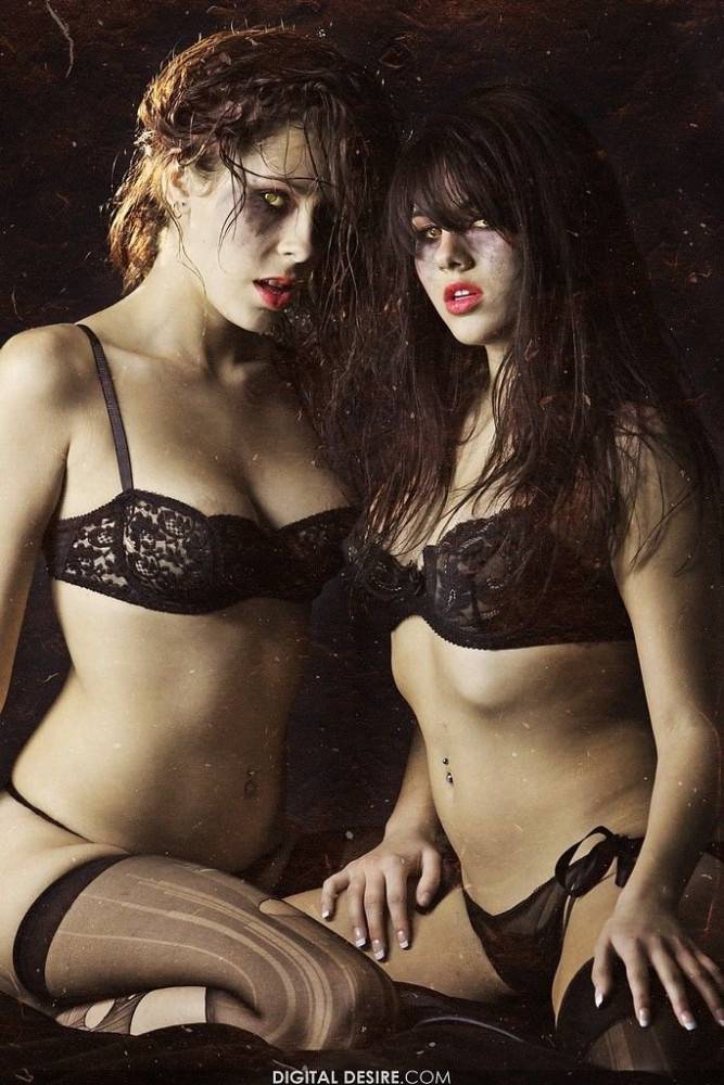 Nikki Brooks And Her Lez Friend Both With Ugly Make-up And In Black Lingerie Make Love In The Dark. - #1