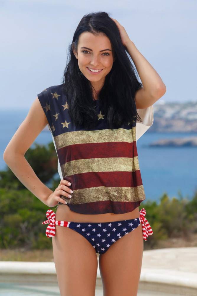 Sweet And Sexy Brunette Sapphira A Is Taking Off Her US Flag Swimsuit And Bending Hot To Show Tight Pussy - #1