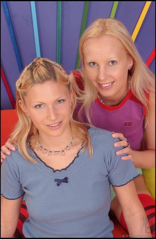 Dishy Kathy Blanche And Her Lesbian Friend Both In Striped Stockings Licking Multicolor Toys - #1