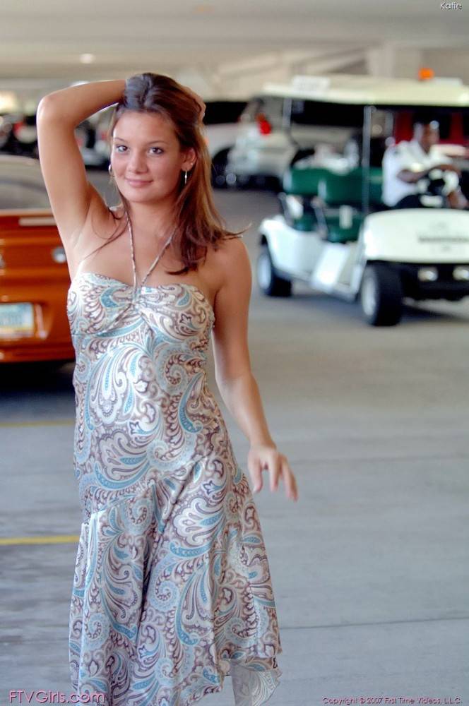 Lecherous Bimbo Katie Poses At The Parking Lot Then Dirtily Lifts Her Posh Dress - #9