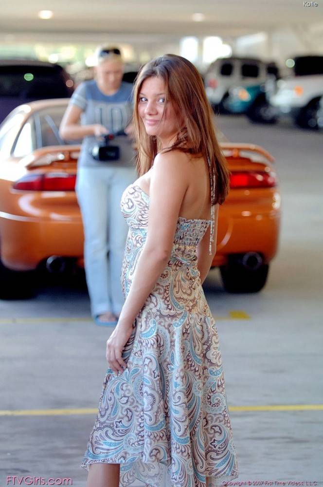 Lecherous Bimbo Katie Poses At The Parking Lot Then Dirtily Lifts Her Posh Dress - #12