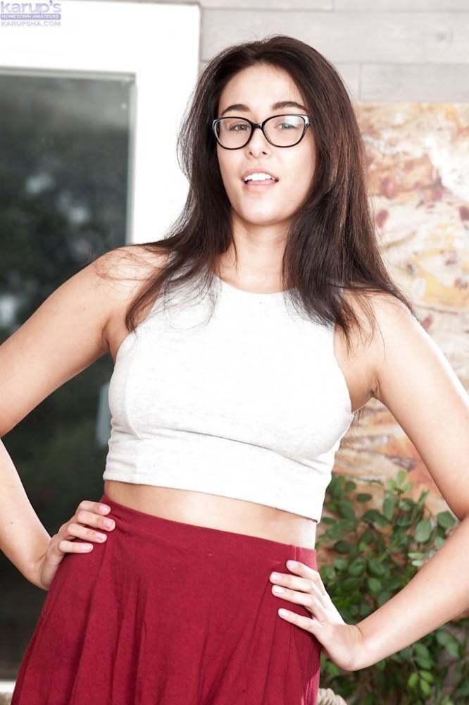 Excellent american teen Anastasia Black in nice skirt revealing big boobies and spreading her legs - #1