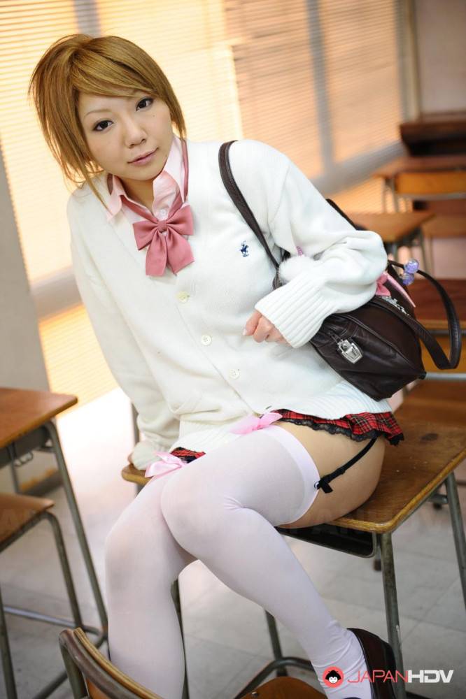 Asian Teen In White Stockings Rui Hazuki Climbs The Table And Poses There - #13